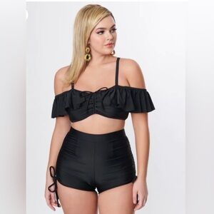 Unique Vintage Black Pull-Tie High-Waist Swim Shorts Only NWT